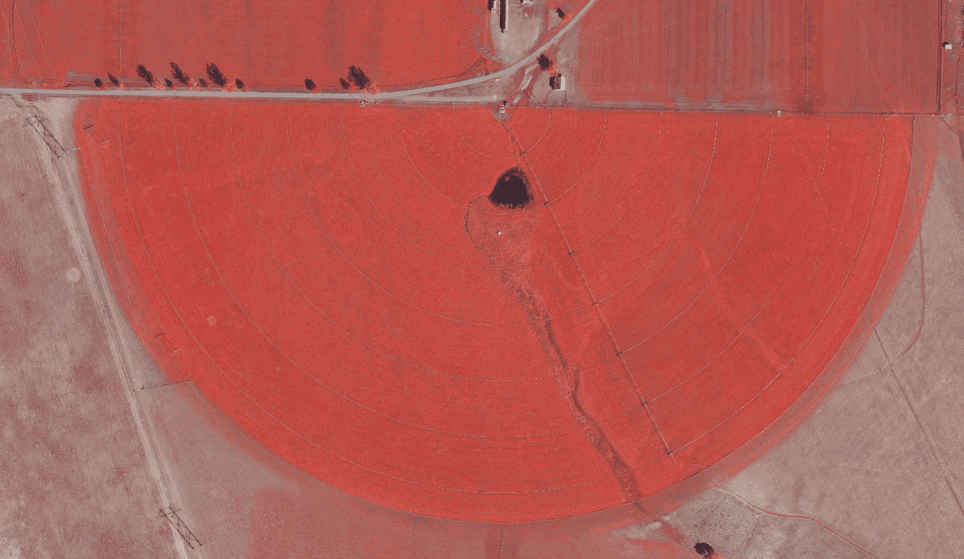 Aerial view of irrigated agriculture near a river